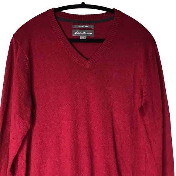 Eddie Bauer Pullover Sweater Red Cotton Cashmere V-Neck Collar Men’s Medium - Picture 2 of 11